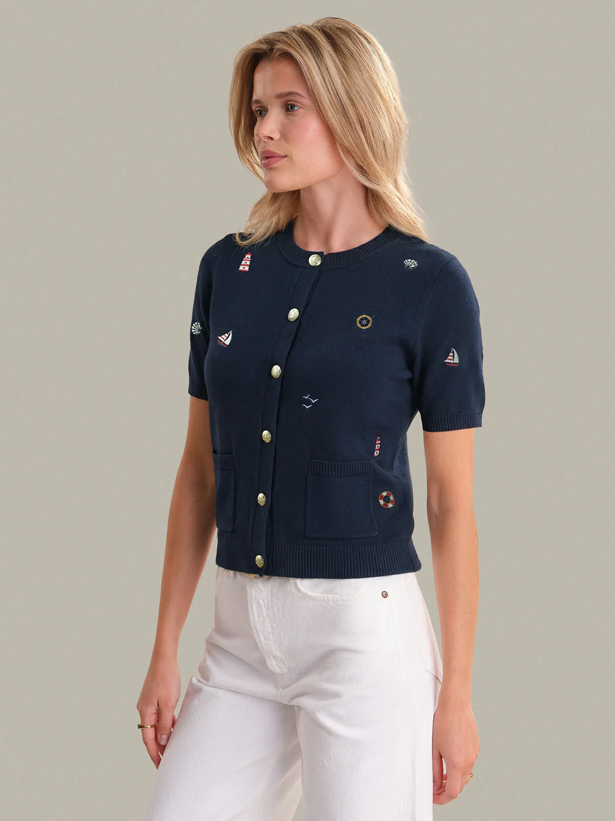 Beth: Nautical Embroidered Cotton Cardigan - Image 2