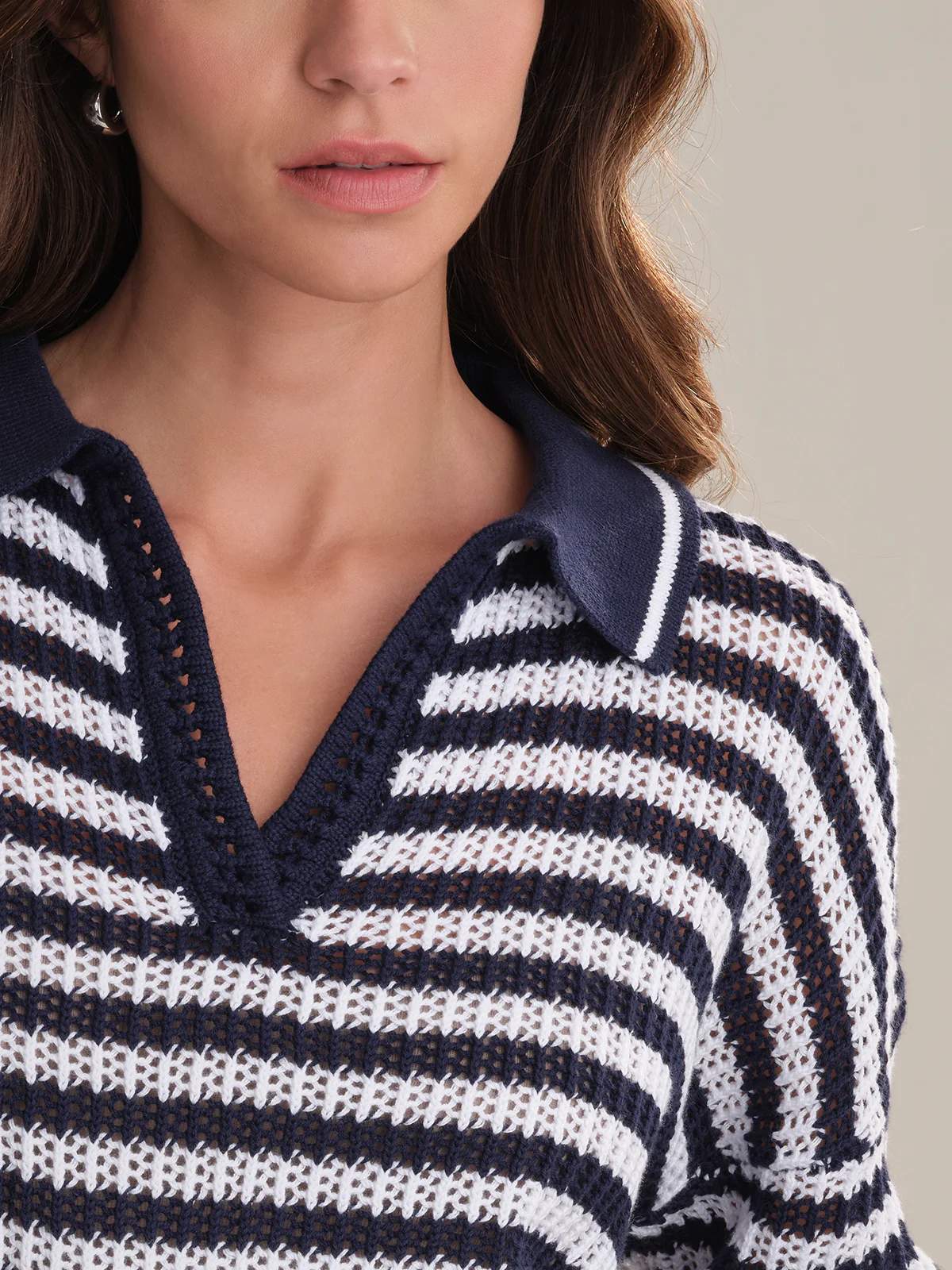 Kimberly: Cotton Stripe Open Stitch Polo Sweater - Image 4
